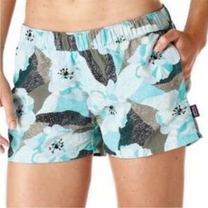 Patagonia Athletic Blue Black Floral Hibiscus Field Barely Baggies Shorts Sz XS